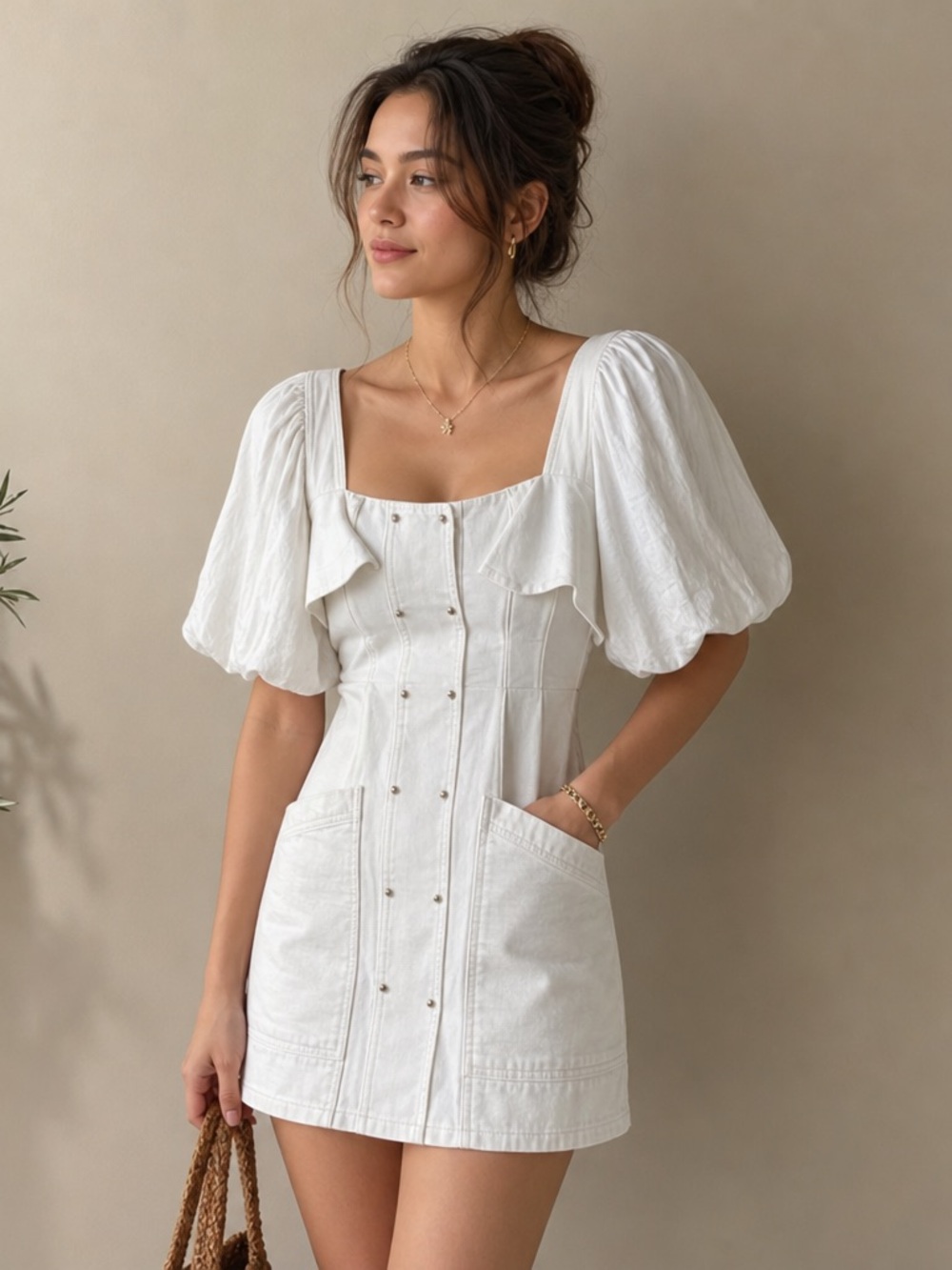 Acler White Puff Sleeve Mini Dress • Size 6 • Square Neck • Belt Missing
